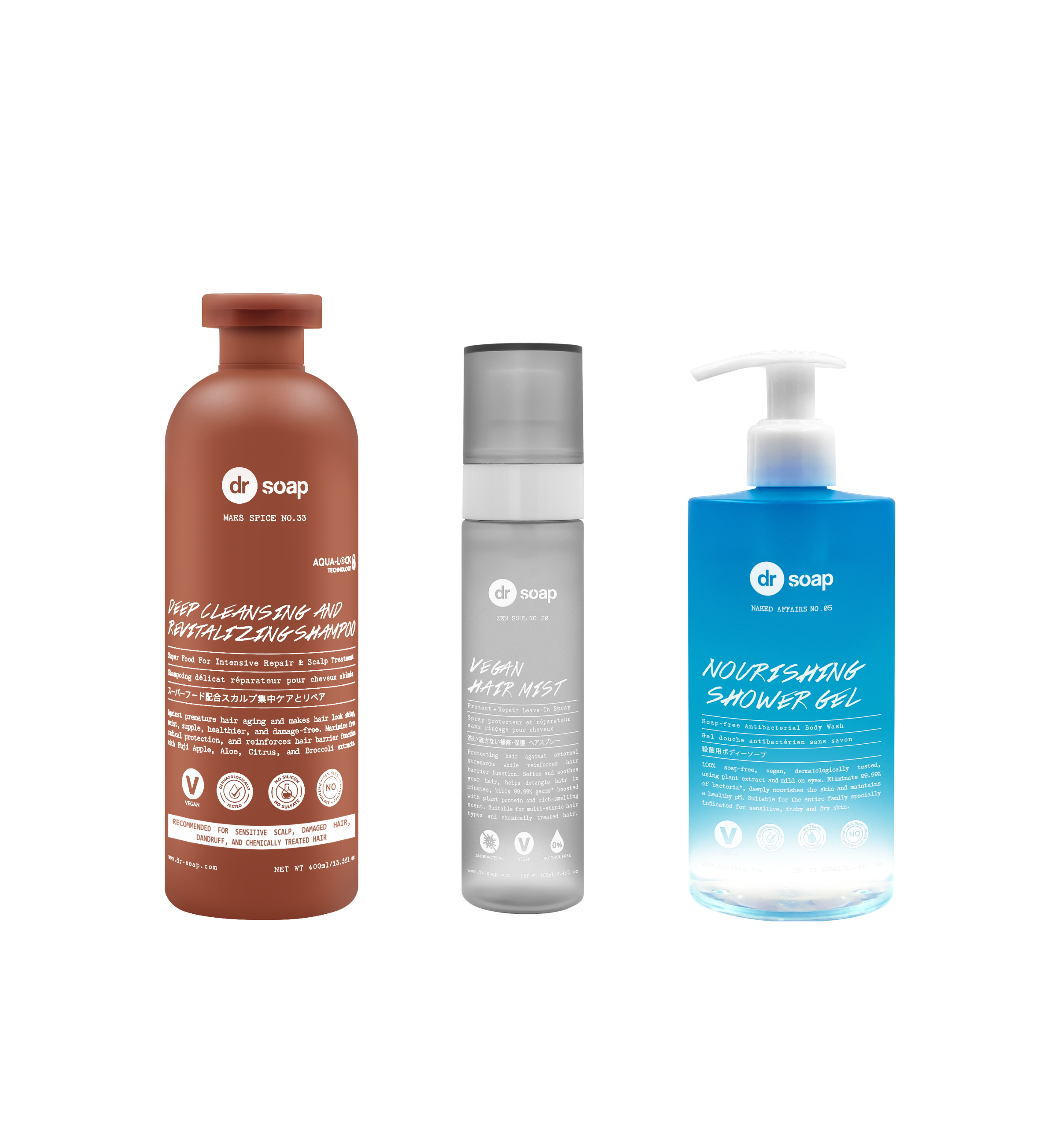 Vegan Series Bundle - Deep Cleansing Shampoo, Vegan Hair Mist & Nourishing Shower Gel Naked Affairs