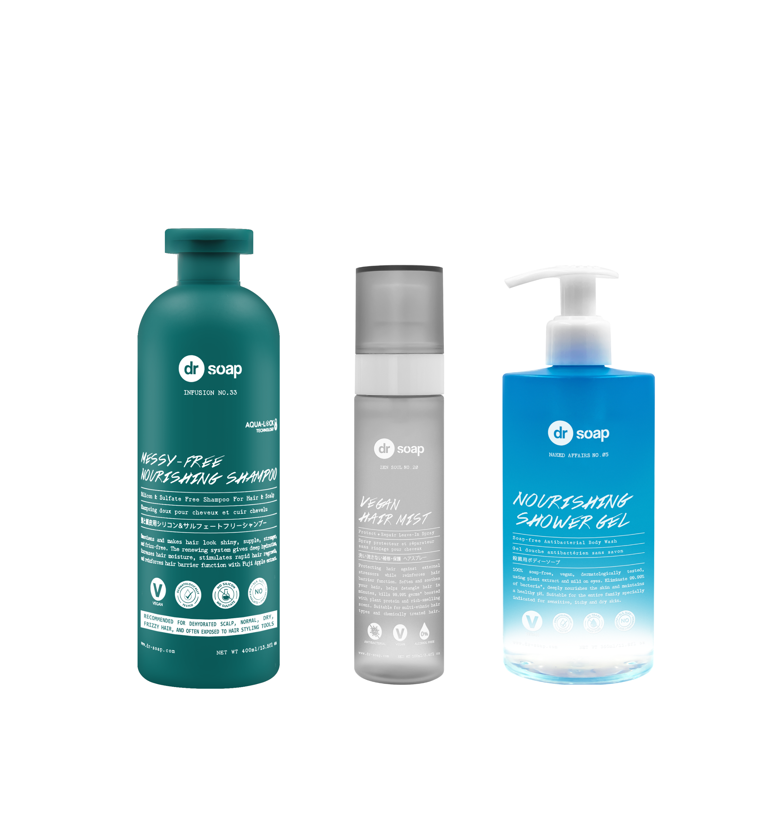 Vegan Series Bundle - Messy Free Shampoo, Vegan Hair Mist & Nourishing Shower Gel Naked Affairs